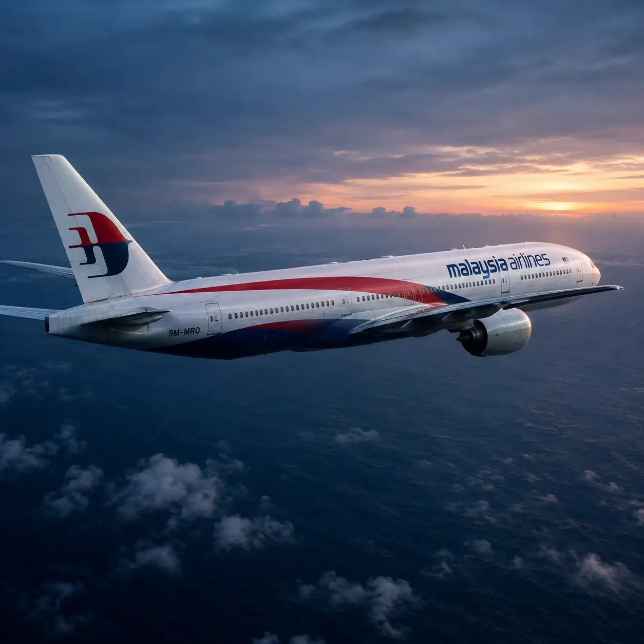 Ilustrasi pesawat MH370 Malaysia Airlines yang hilang terbang di atas Samudra Hindia